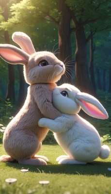 Two rabbits hugging in forest clearing