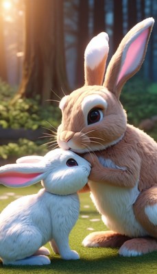 Brown rabbit nuzzles white rabbit in forest
