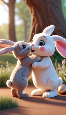 Two bunnies hugging in the forest