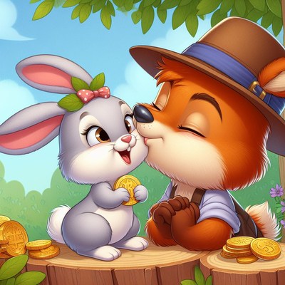 Fox kisses bunny with coins