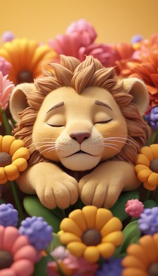 Lion cub sleeping in a flower garden