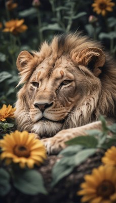 Lion resting in flowers