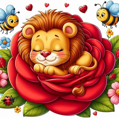 Sleeping lion cub in a red rose