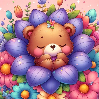 Sleepy bear in flower bed