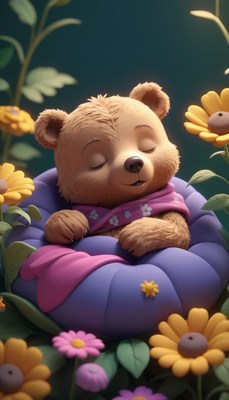 Bear napping in flower garden