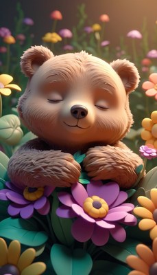 Sleeping bear in flower field