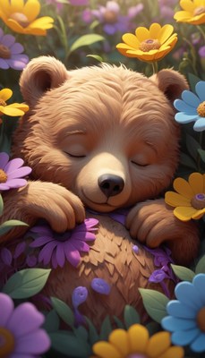 Sleeping bear cub in flower field