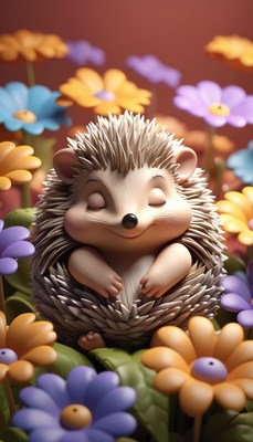 Smiling hedgehog in flower garden