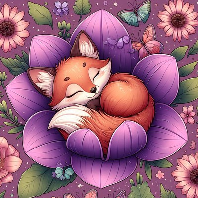 Fox sleeping in purple flower