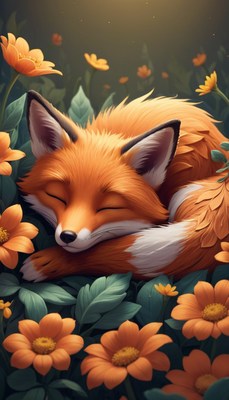 Fox sleeping in flowers