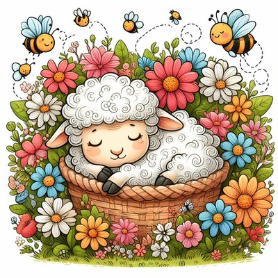 Sleeping lamb in a flower basket
