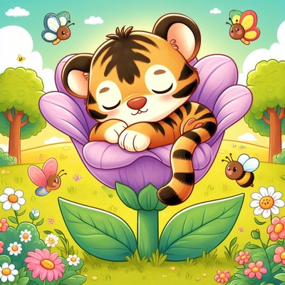 Tiger cub sleeping in a flower