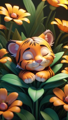 Sleeping tiger cub in flowers
