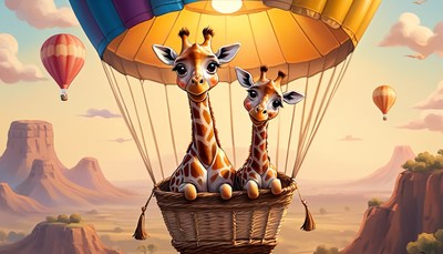 Giraffes in hot air balloon over desert