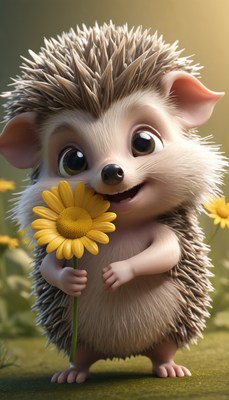 Cute hedgehog holding a flower
