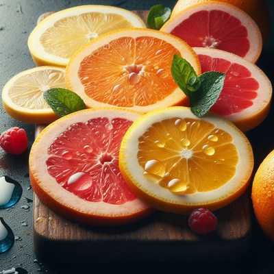 Citrus fruit slices on wooden board