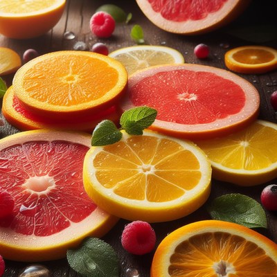 Citrus fruit slices on wooden table