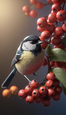 Bird perched on branch with berries