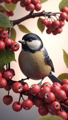 Bird perched on branch with red berries