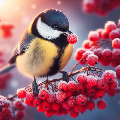 Bird eating berries in winter