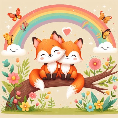 Two foxes under a rainbow