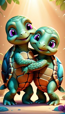 Two turtles hugging in sunlight