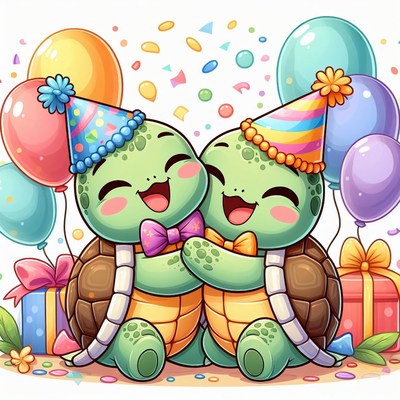 Two turtle friends celebrate with balloons and gifts