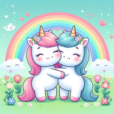 Two unicorns hugging under a rainbow