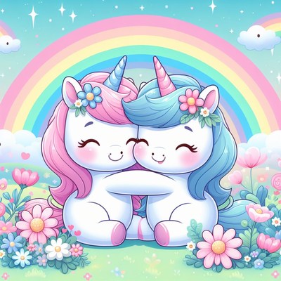 Two unicorns hugging under a rainbow