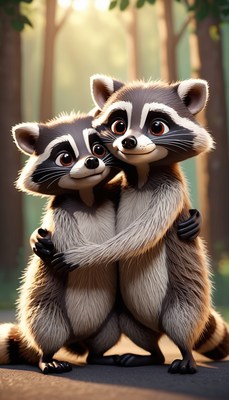 Two raccoons hugging in forest