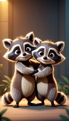 Two cartoon raccoons hugging
