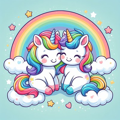 Rainbow unicorns on clouds
