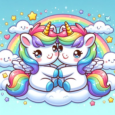 Rainbow unicorn pair on cloud