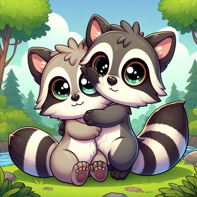 Two cute raccoons hugging in forest