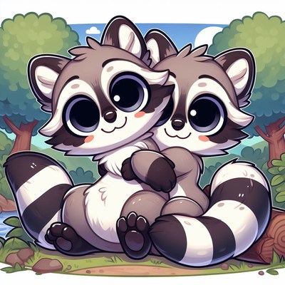 Two cartoon raccoons hugging in forest