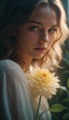 Woman holding flower in soft light
