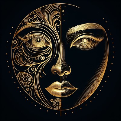 Golden face illustration with floral design