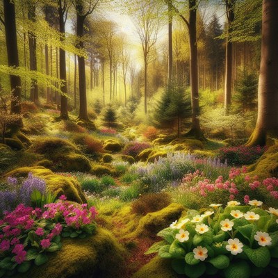 Spring flowers in a sunlit forest