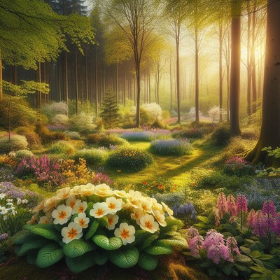 Forest path at sunset