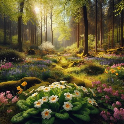 Sunlit forest path with blooming flowers