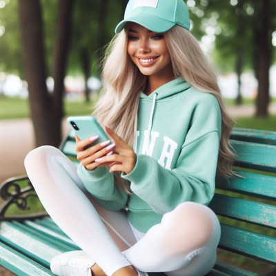 Woman in mint hoodie uses phone on bench