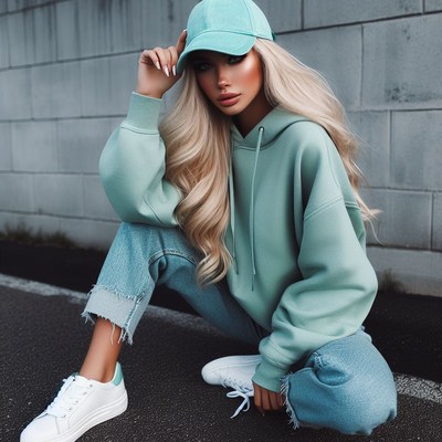 Woman wearing teal hoodie and cap
