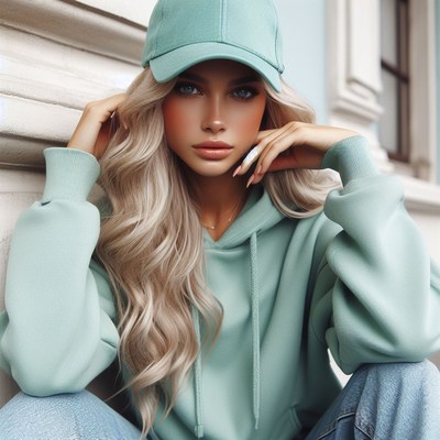 Blonde woman in a green hoodie and cap