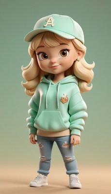 3d cartoon girl wearing hoodie and hat