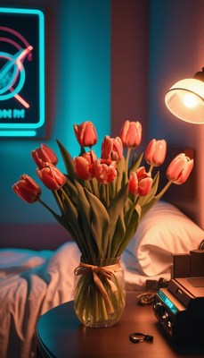 Tulips in vase on nightstand