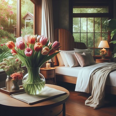 Tulips in a windowed bedroom