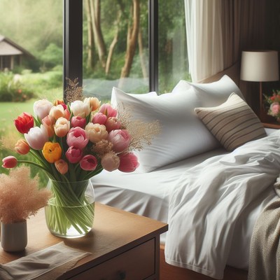 Tulip bouquet on nightstand by window