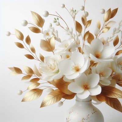 White flowers and gold leaves in vase