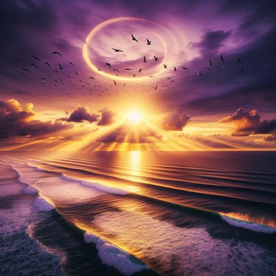 Sunset over ocean with birds flying