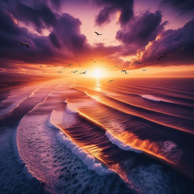 Aerial sunset over ocean waves